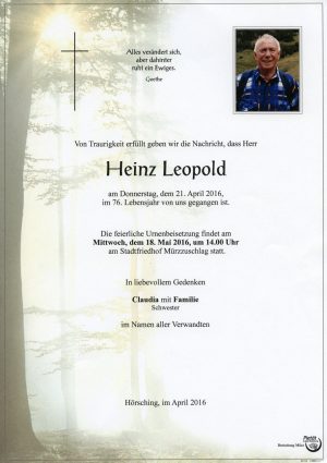 Portrait von Heinz Leopold – Trauerfeier im Kreise der Familie in Mürzzuschlag